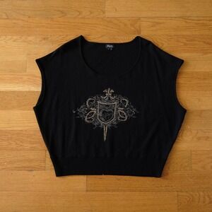 Faith Connexion Graphic Crest Rhinestone Top Womens Black Dolman Knit S Edgy Y2K